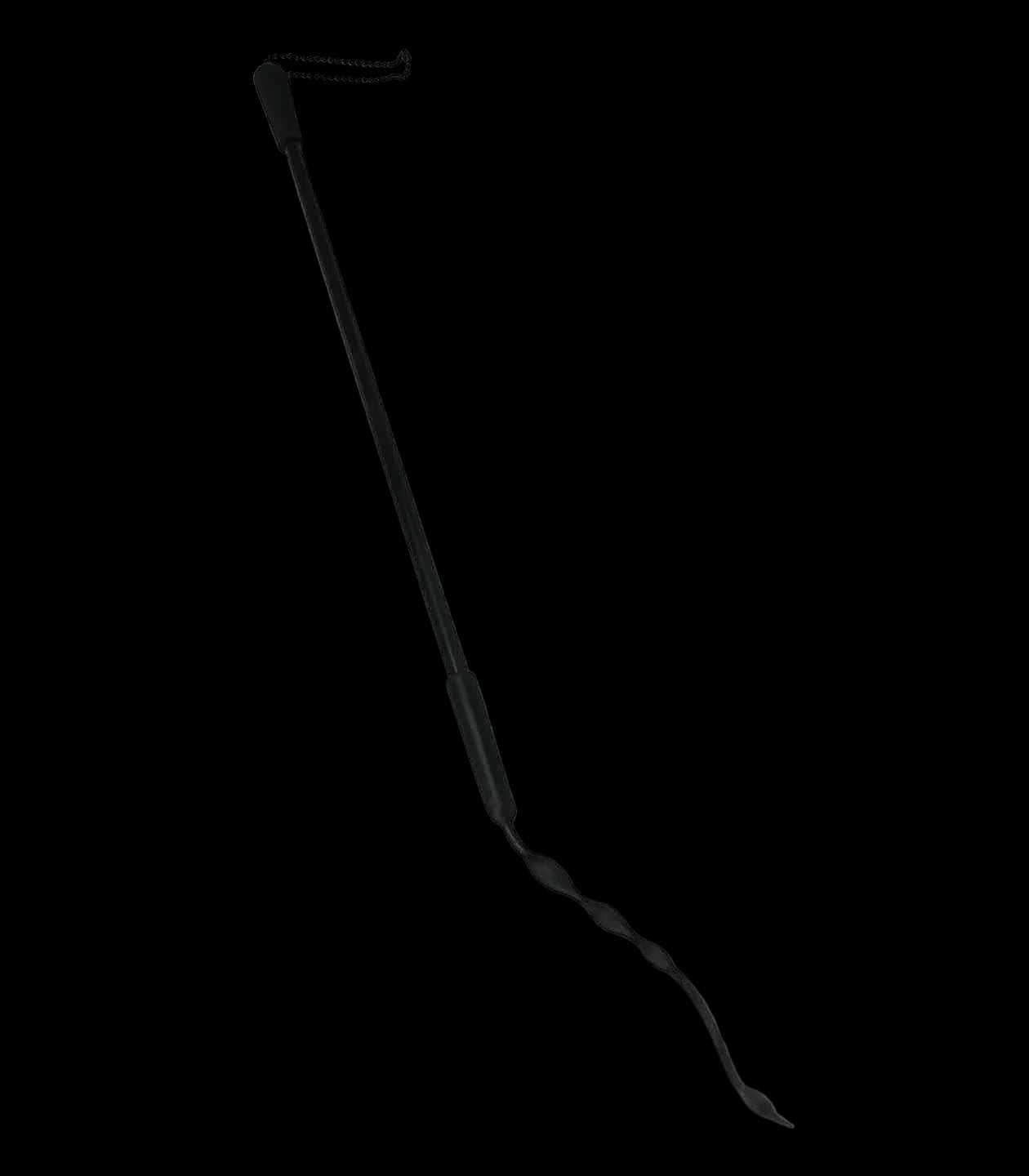 Black riding crop with silicone stinger tail and ball bearing chain handle .