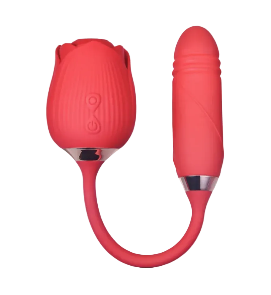 10-Speed Red Color Silicone Clitoral Sucking Rose with Thrusting Vibrator