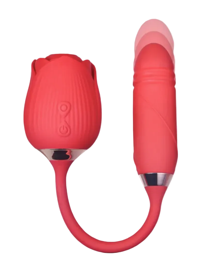 10-Speed Red Color Silicone Clitoral Sucking Rose with Thrusting Vibrator