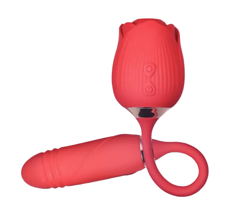 10-Speed Red Color Silicone Clitoral Sucking Rose with Thrusting Vibrator