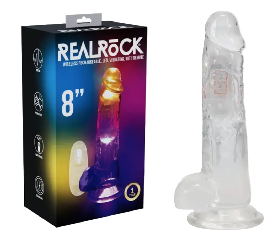 REALROCK 8'' with Balls Wireless Rechargeable LED Vibrating Dong