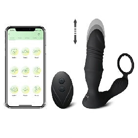 9 Modes APP and Remote Control Black Color Thrusting Vibrating Prostate Massager with Single Cock Ring